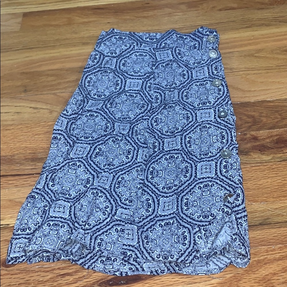 Blue and white printed button down mini skirt